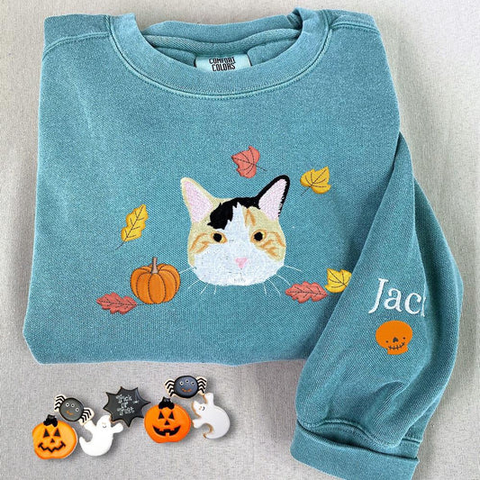 Embroidered Custom Sweatshirts, Custom Embroidered Halloween Cat Portrait Sweatshirt, Christmas Gift