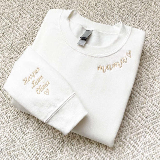 Embroidered Custom Sweatshirts, Custom Embroidered Mama Crewneck With Kids Names Sweatshirt Pregnancy Reveal For Mom, Christmas Gift