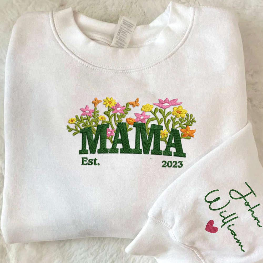 Embroidered Custom Sweatshirts, Custom Embroidered Mama Sweatshirt, Floral Embroidered Sweatshirt Gift For Mom, Christmas Gift