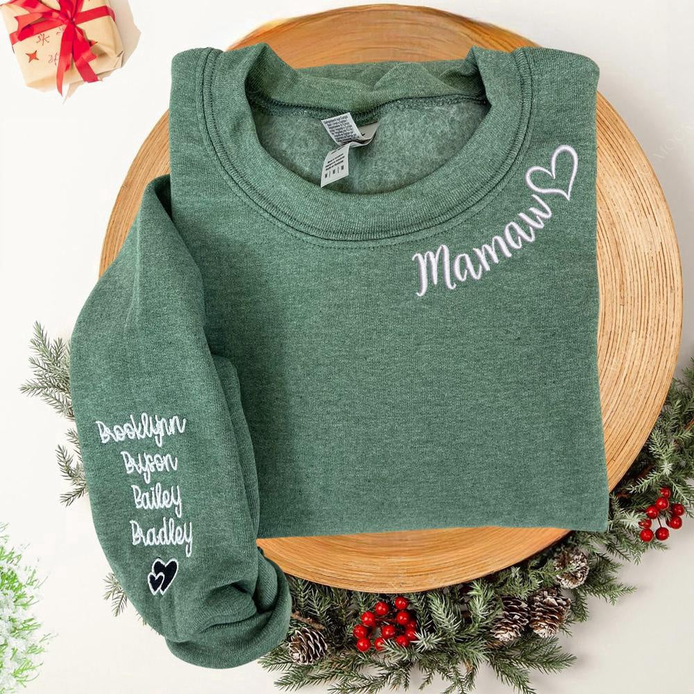 Embroidered Custom Sweatshirts, Custom Embroidered Mamaw Sweatshirt With Names On Sleeve, Christmas Gift