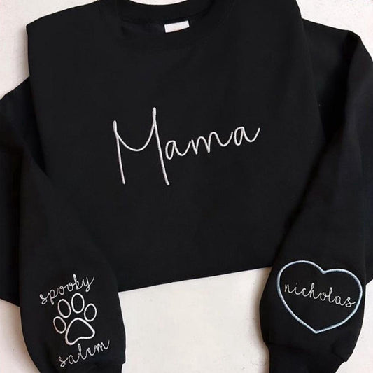 Embroidered Custom Sweatshirts, Custom Mama Embroidery Sweatshirt, Personalized Kid Name On The Sleeve, Gift For New Mothers, Christmas Gift