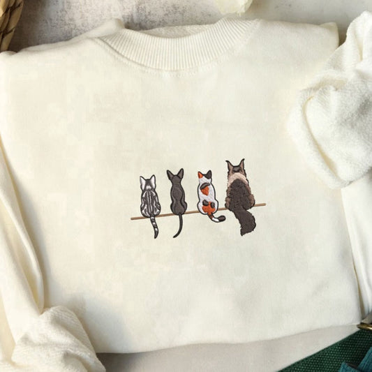 Embroidered Custom Sweatshirts, Cute Cat Embroidered Sweatshirt 2D Crewneck Sweatshirt For Men Women, Christmas Gift