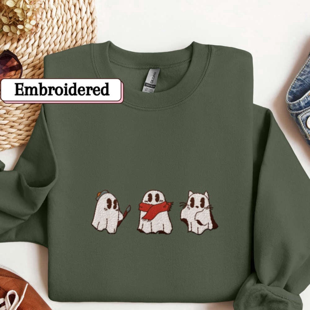 Embroidered Custom Sweatshirts, Cute Cat Lover Embroidered Sweatshirt 2D Crewneck Sweatshirt For Men And Women, Christmas Gift