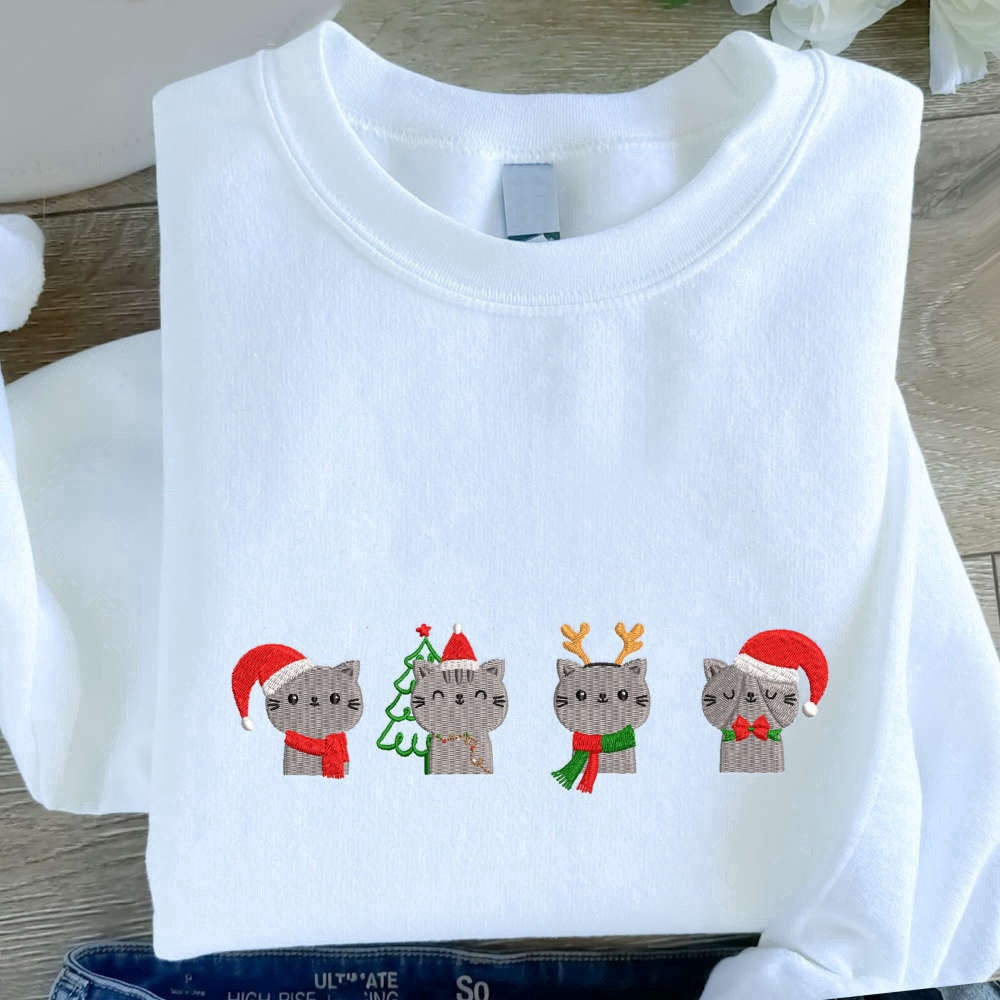 Embroidered Custom Sweatshirts, Cute Cats Christmas Embroidered Sweatshirt, Cat Love Embroidered Sweatshirt For Family, Christmas Gift