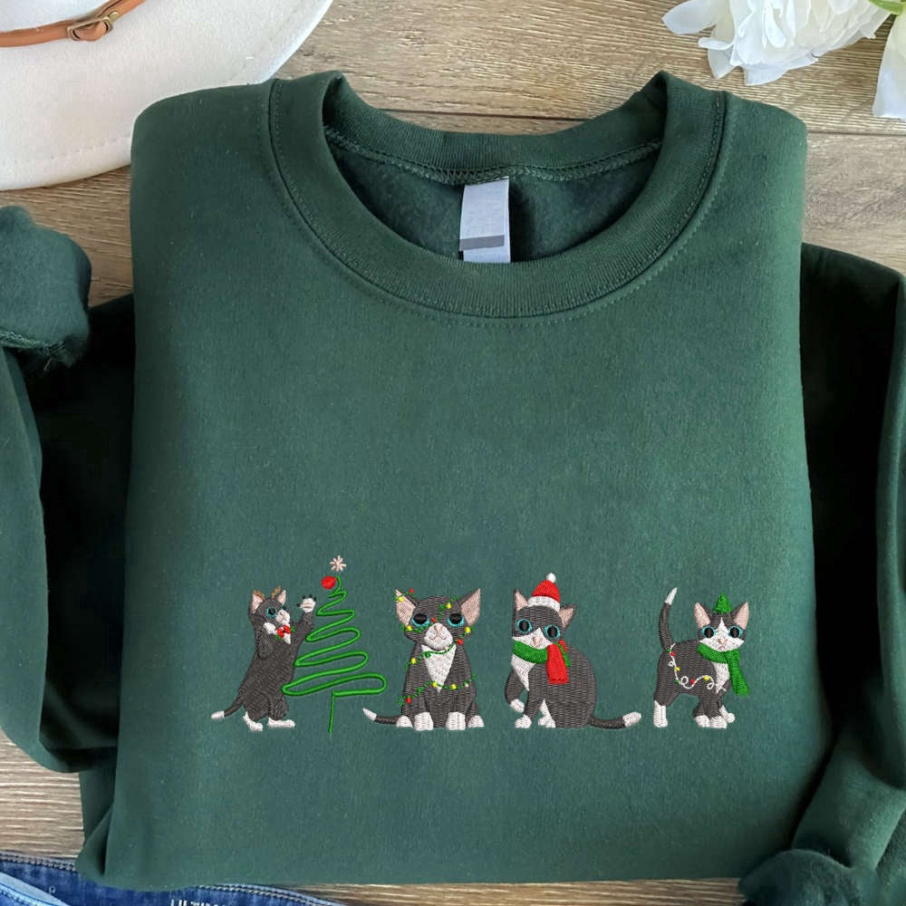 Embroidered Custom Sweatshirts, Cute Cats Christmas Embroidered Sweatshirt, Sweatshirt For Cat Lover, Christmas Gift