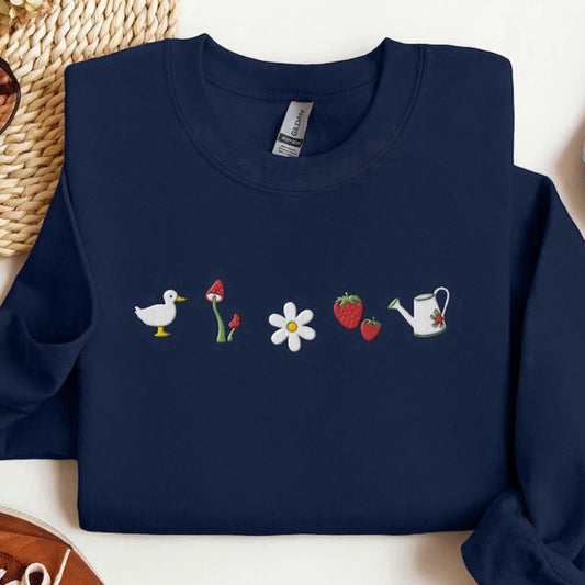 Embroidered Custom Sweatshirts, Cute Cottage Core Embroidered Sweatshirt 2D Crewneck Sweatshirt, For Family, Christmas Gift