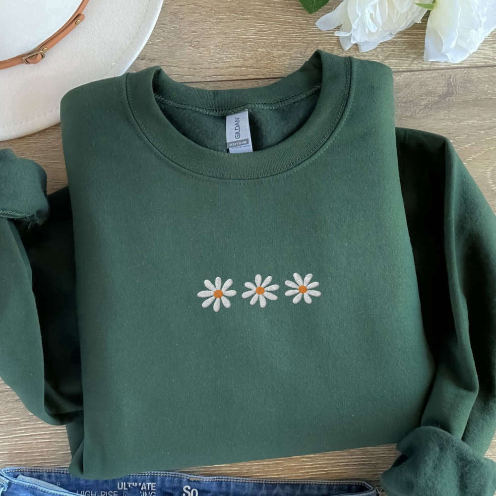 Embroidered Custom Sweatshirts, Cute Daisy Embroidered Sweatshirt, Minimalist Daisy Embroidered Sweater For Mom, Christmas Gift