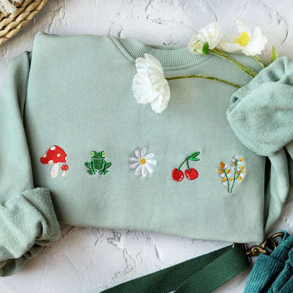 Embroidered Custom Sweatshirts, Cute Daisy Mushroom Embroidered Sweatshirt 2D Crewneck Sweatshirt For Family, Christmas Gift