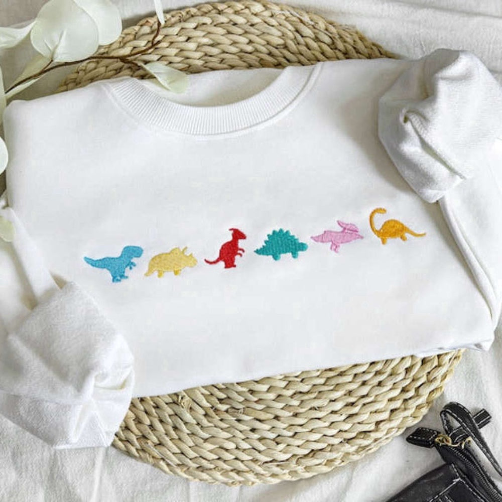 Embroidered Custom Sweatshirts, Cute Dino Family Embroidered Sweatshirt 2D Crewneck Sweatshirt For Women And Men, Christmas Gift