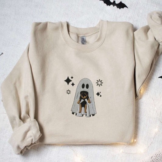 Embroidered Custom Sweatshirts, Cute Ghost Holding Puppy Embroidered Sweatshirt 2D For Family, Christmas Gift