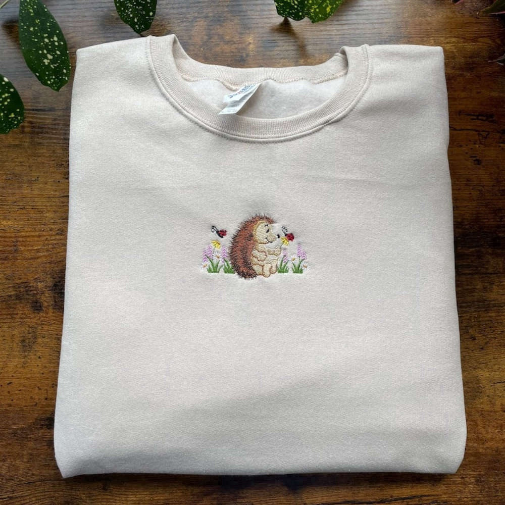 Embroidered Custom Sweatshirts, Cute Hedgehog With Flowers And Ladybugs Embroidered Sweatshirt For Family, Christmas Gift