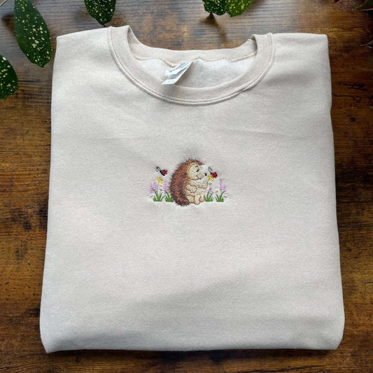 Embroidered Custom Sweatshirts, Cute Hedgehog With Flowers And Ladybugs Embroidered Sweatshirt For Family, Christmas Gift