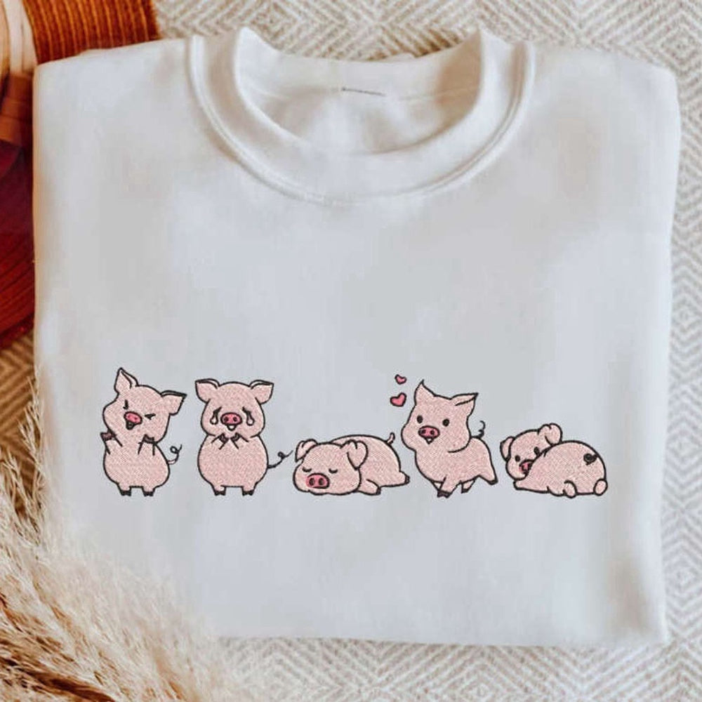 Embroidered Custom Sweatshirts, Cute Pigs Embroidered Sweatshirt 2D Crewneck Sweatshirt For Men Women, Christmas Gift