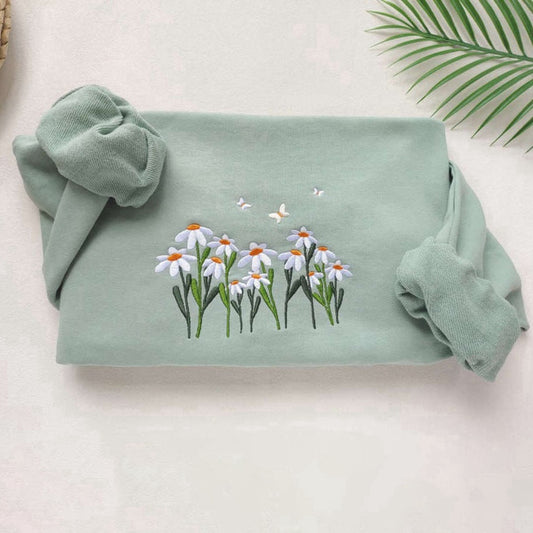 Embroidered Custom Sweatshirts, Daisies And Butterfly Embroidered Sweatshirt 2D Crewneck Sweatshirt For Family, Christmas Gift