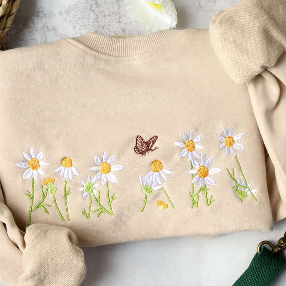 Embroidered Custom Sweatshirts, Daisies And Butterfly Embroidered Sweatshirt 2D Crewneck Sweatshirt For Women And Women, Christmas Gift