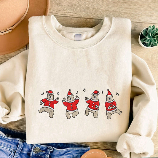 Embroidered Custom Sweatshirts, Dancing Bear Embroidered Sweatshirt, Christmas Bear Embroidered Sweatshirt For Christmas, Christmas Gift