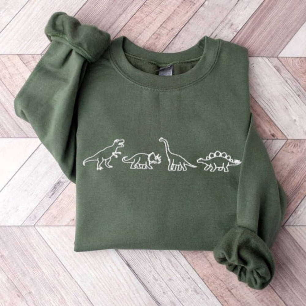 Embroidered Custom Sweatshirts, Dinosaur Embroidered Sweatshirt 2D Crewneck Sweatshirt For Family, Christmas Gift