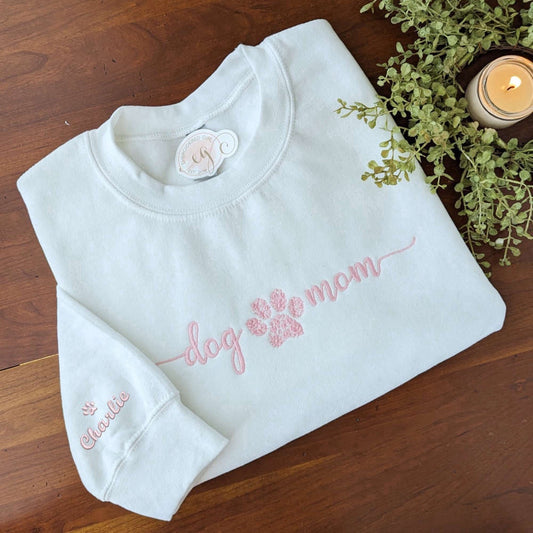 Embroidered Custom Sweatshirts, Dog And Mom Embroidered Sweatshirt 2D Crewneck Sweatshirt Gift For Christmas, Christmas Gift