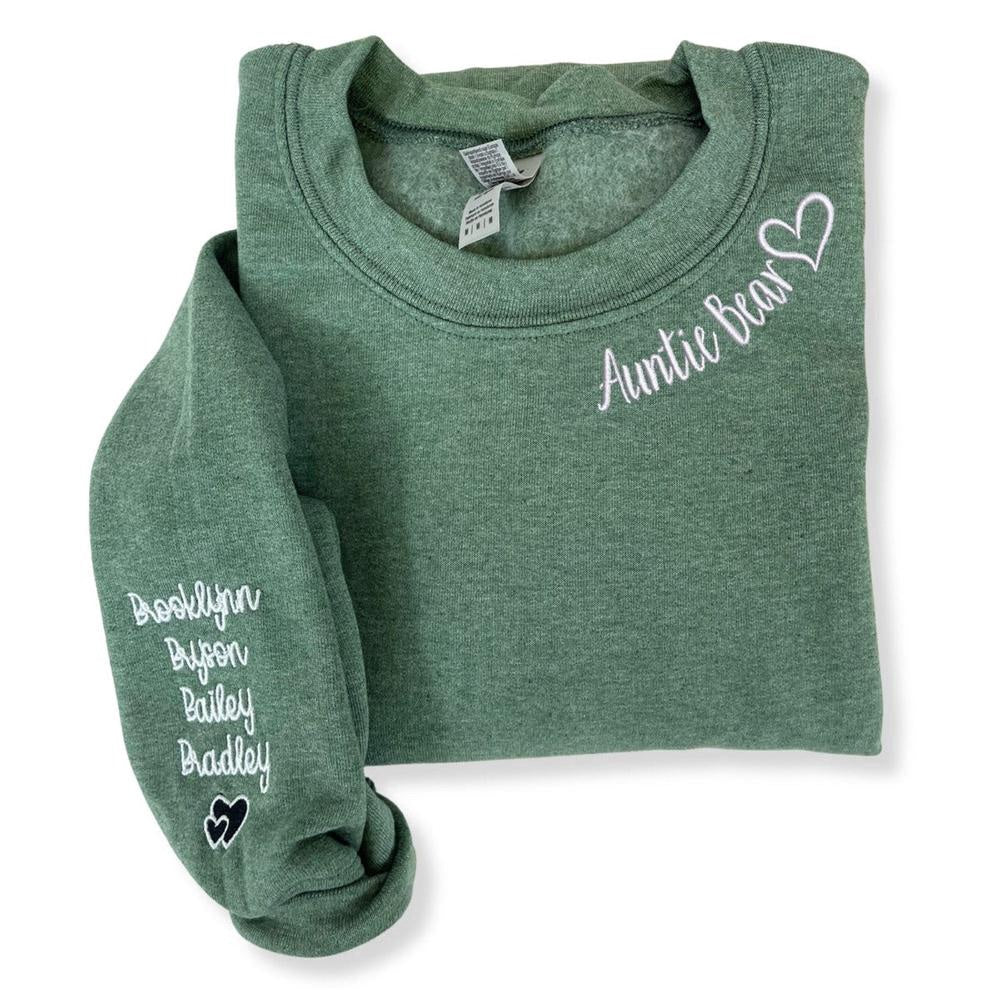 Embroidered Custom Sweatshirts, Embroidered Auntie Bear Sweatshirt With Children Name On Sleeve, Christmas Gift