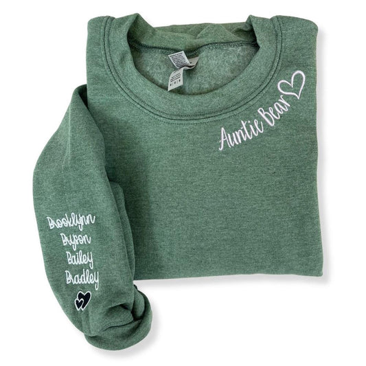 Embroidered Custom Sweatshirts, Embroidered Auntie Bear Sweatshirt With Children Name On Sleeve, Christmas Gift