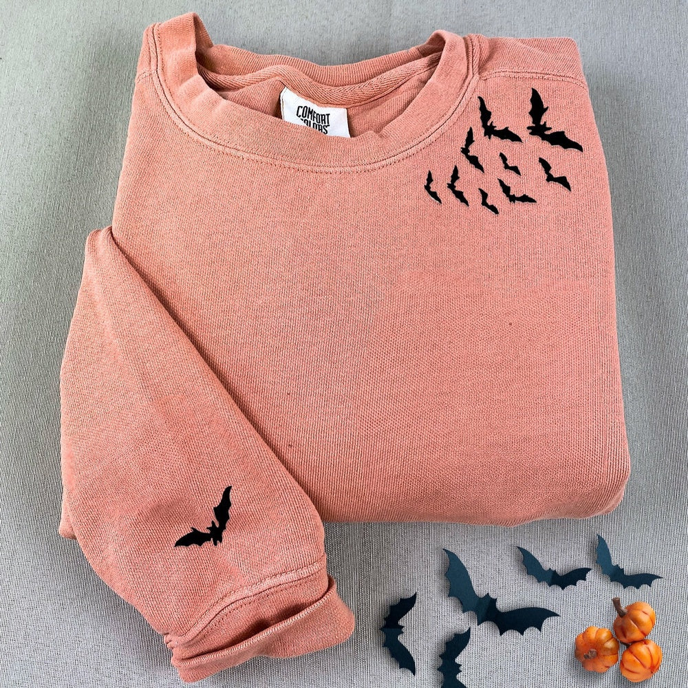 Embroidered Custom Sweatshirts, Embroidered Bats On Neckline Halloween Sweatshirt, Christmas Gift