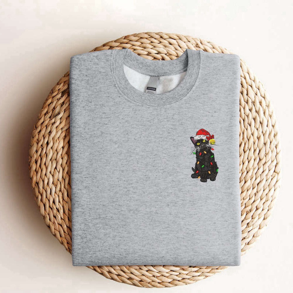 Embroidered Custom Sweatshirts, Embroidered Black Cat Santa Christmas Sweatshirt, 2D Crewneck Sweatshirt For Women, Christmas Gift