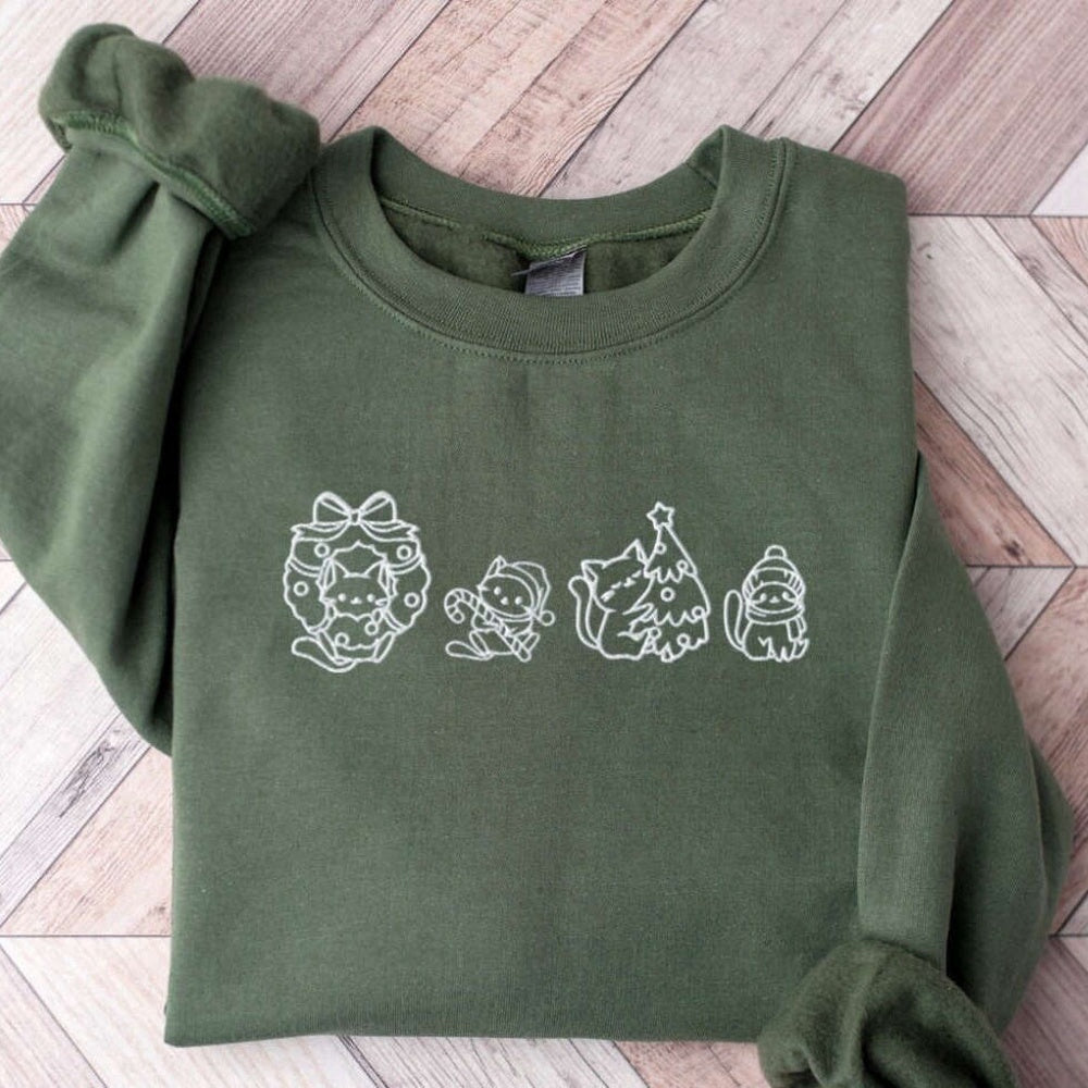 Embroidered Custom Sweatshirts, Embroidered Cat Christmas Sweatshirt, Christmas Embroidered Sweatshirt, Cat Lover Gift, Christmas Gift