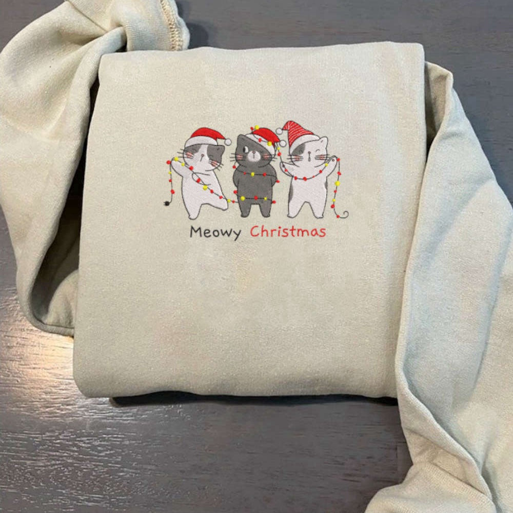 Embroidered Custom Sweatshirts, Embroidered Cat Funny Christmas Sweatshirts, Embroidered Crewneck For Family, Christmas Gift