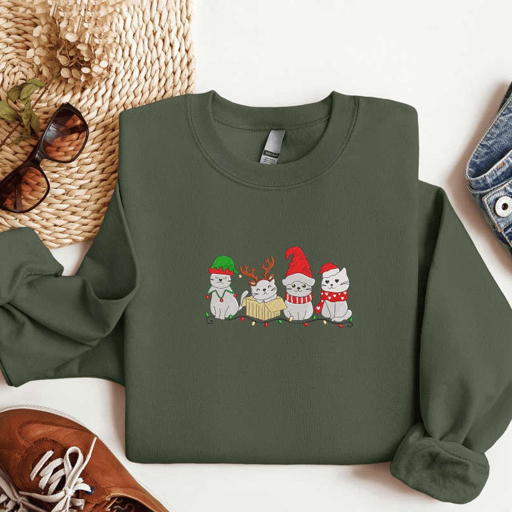 Embroidered Custom Sweatshirts, Embroidered Cat Santa Christmas Sweatshirt, Christmas Crewneck Sweater For Family, Christmas Gift