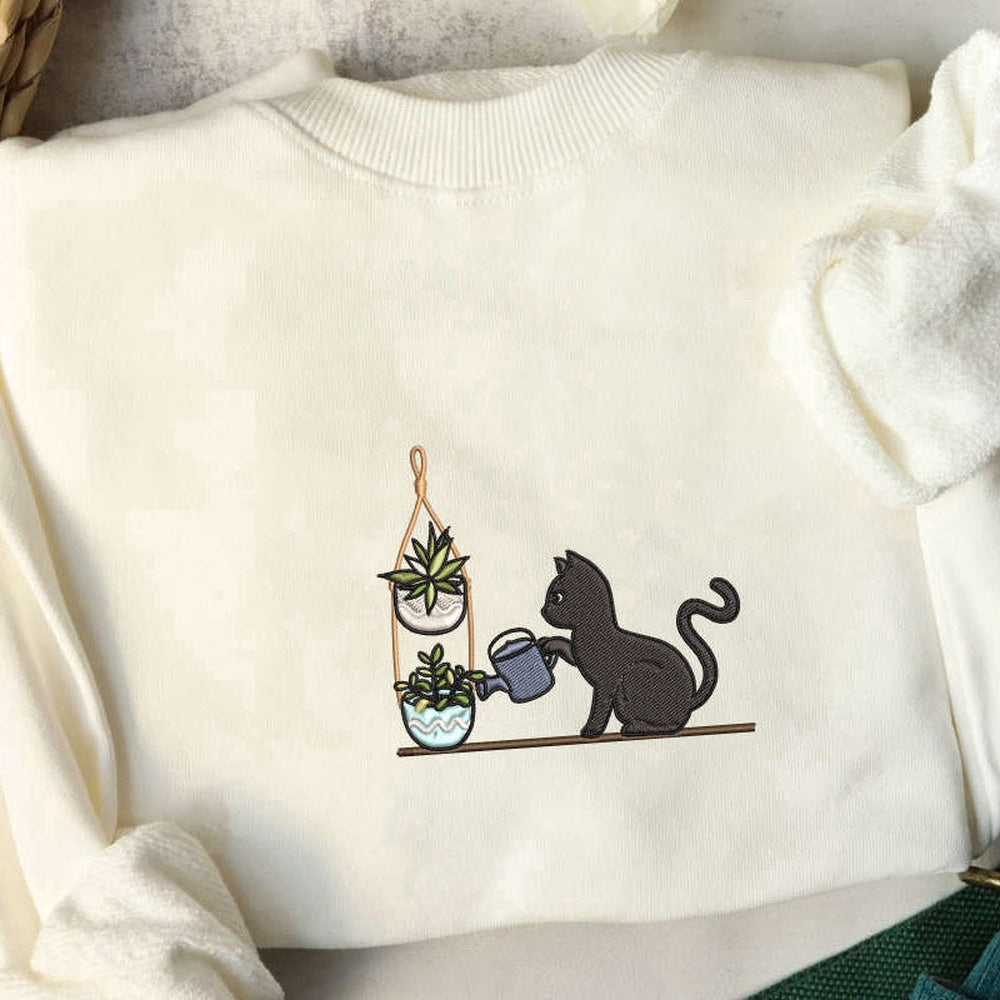 Embroidered Custom Sweatshirts, Embroidered Cat Watering Plants Sweater, Plants And Cat Embroidered Sweatshirt For Cat Lovers, Christmas Gift