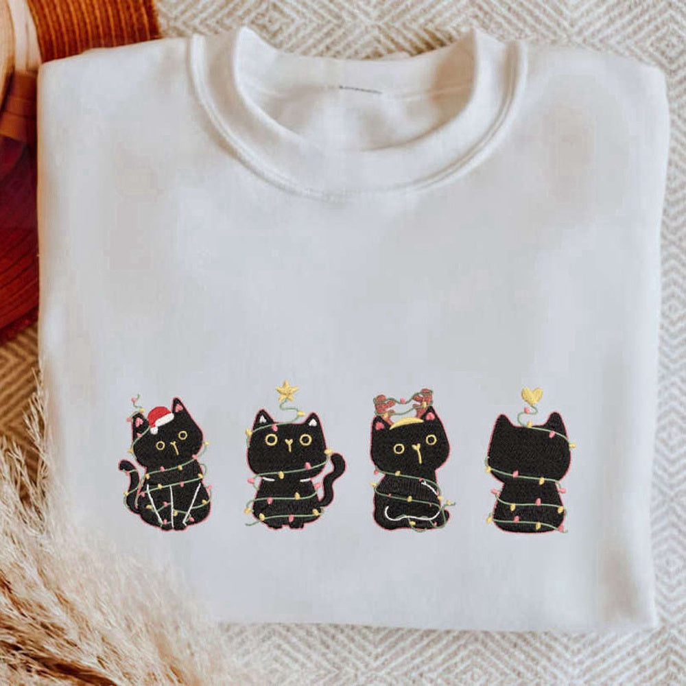 Embroidered Custom Sweatshirts, Embroidered Christmas Black Cat Sweatshirt, Meowy Christmas Shirt, For Cat Lovers, Christmas Gift