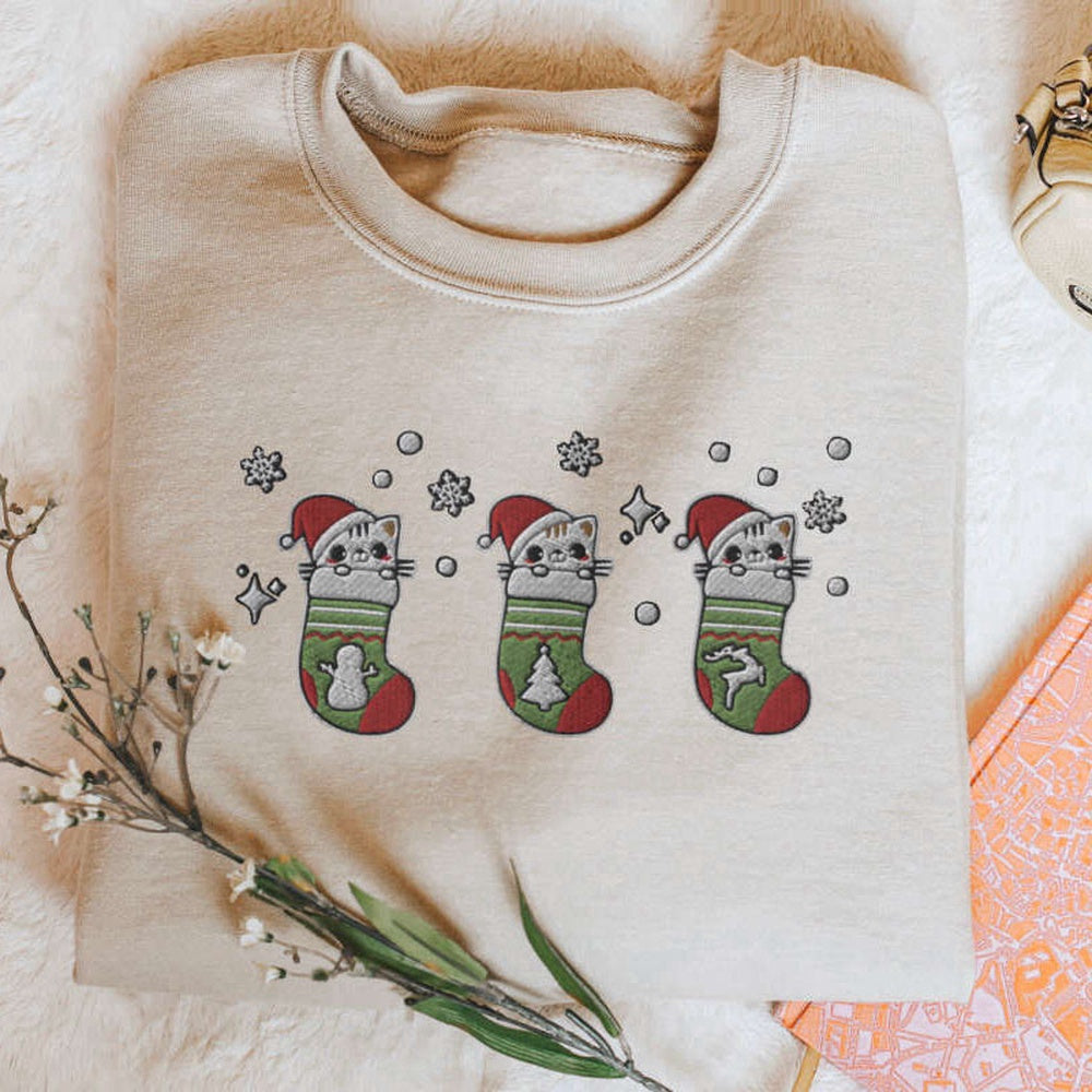 Embroidered Custom Sweatshirts, Embroidered Christmas Cat Stockings Sweatshirt, Gift For Cat Lover, Christmas Gift