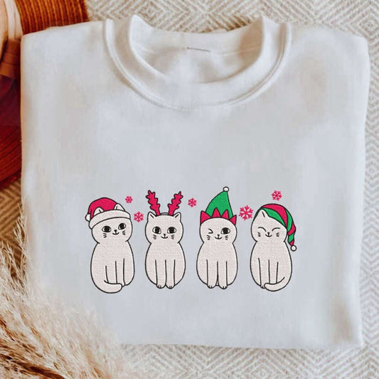 Embroidered Custom Sweatshirts, Embroidered Christmas Cat Sweatshirt, Meowy Christmas Sweater, For Cat Lovers, Christmas Gift