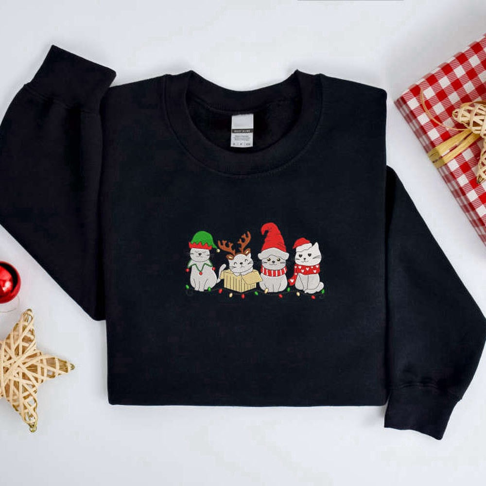 Embroidered Custom Sweatshirts, Embroidered Christmas Cat Sweatshirt, Meowy Santa Christmas Sweater For Family, Christmas Gift