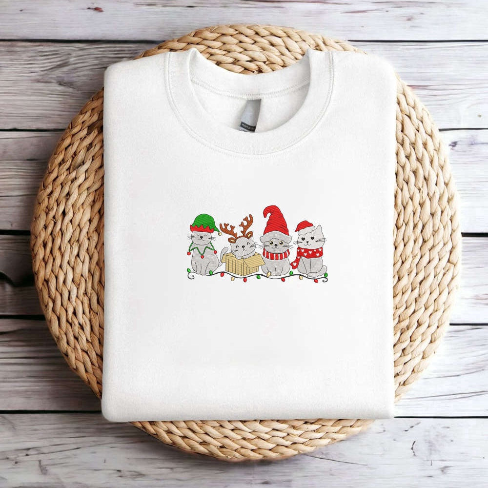 Embroidered Custom Sweatshirts, Embroidered Christmas Cat Sweatshirt, Meowy Santa Christmas Sweatshirt For Christmas, Christmas Gift