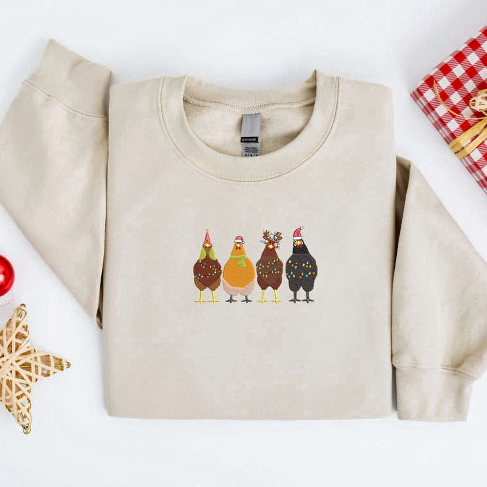 Embroidered Custom Sweatshirts, Embroidered Christmas Chickens Sweatshirt, Chicken Farm Sweater For Family, Christmas Gift