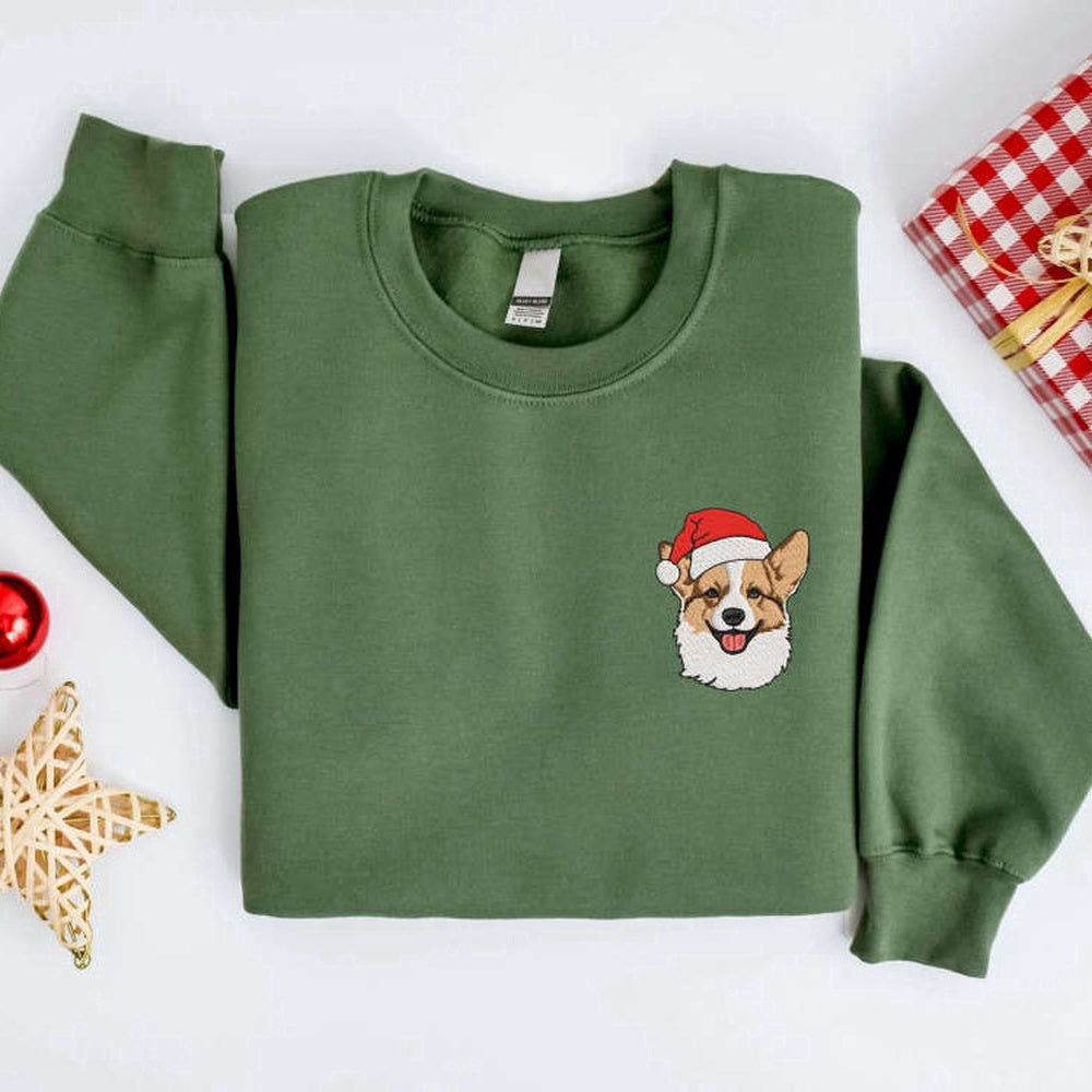 Embroidered Custom Sweatshirts, Embroidered Christmas Corgi Dog Sweatshirt, Embroidered Sweater For Family, Christmas Gift