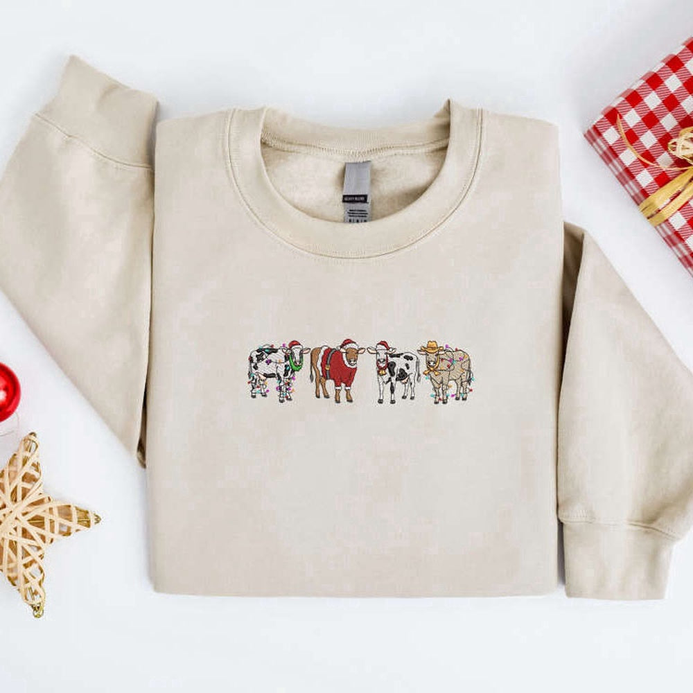 Embroidered Custom Sweatshirts, Embroidered Christmas Cow Sweatshirt, Embroidered Cows Sweater For Christmas, Christmas Gift