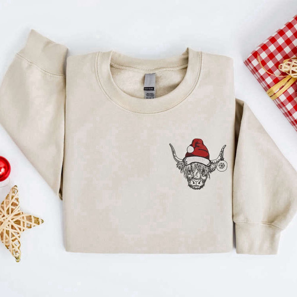 Embroidered Custom Sweatshirts, Embroidered Christmas Cow Sweatshirt Embroidered Highland Cow Santa Sweater For Family, Christmas Gift