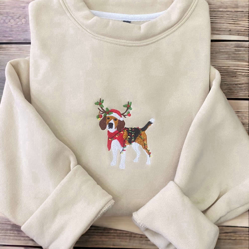 Embroidered Custom Sweatshirts, Embroidered Christmas Dog Sweatshirt, Beagle Reindeer Santa Dog Sweatshirt For Family, Christmas Gift