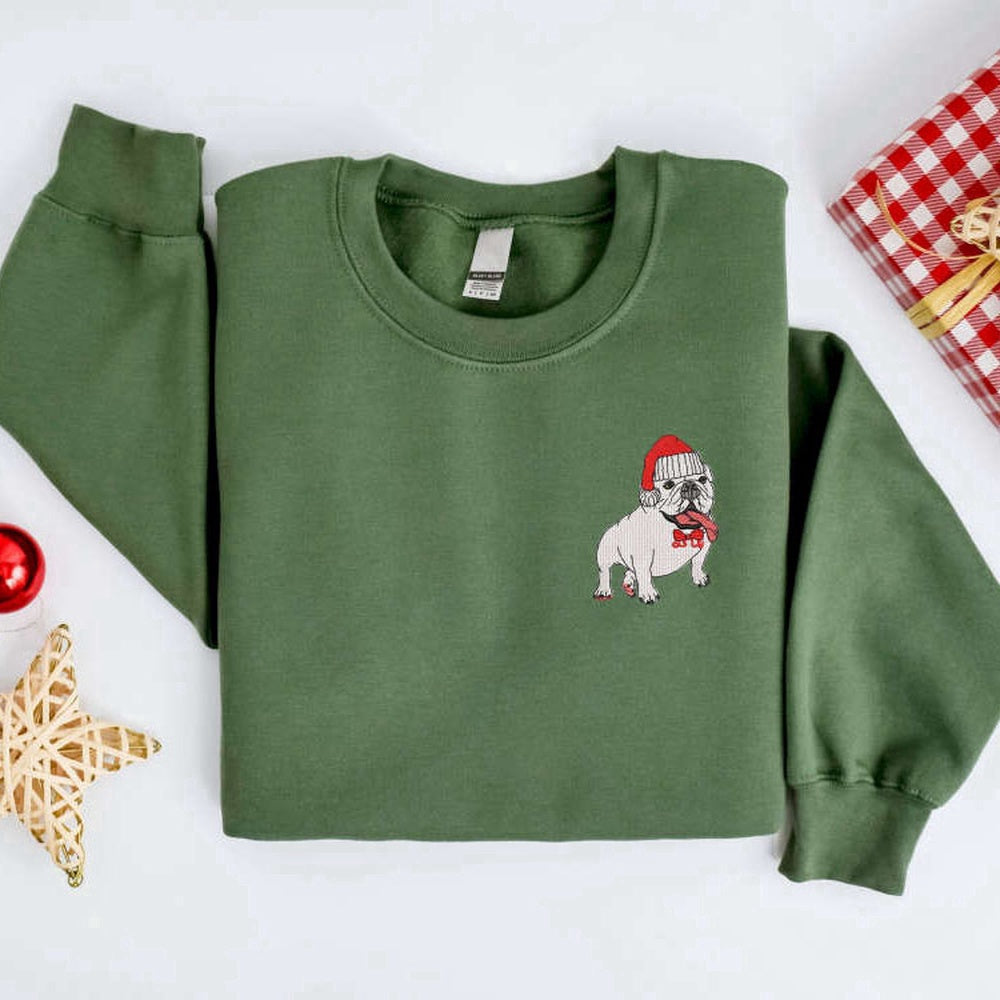 Embroidered Custom Sweatshirts, Embroidered Christmas Dog Sweatshirt, Bulldog Christmas Sweaterchristmas Sweatshirt, Christmas Gift