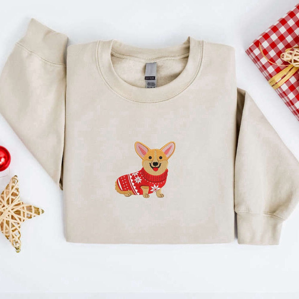 Embroidered Custom Sweatshirts, Embroidered Christmas Dog Sweatshirt, Corgi Dog Christmas Sweatshirt For Family, Christmas Gift