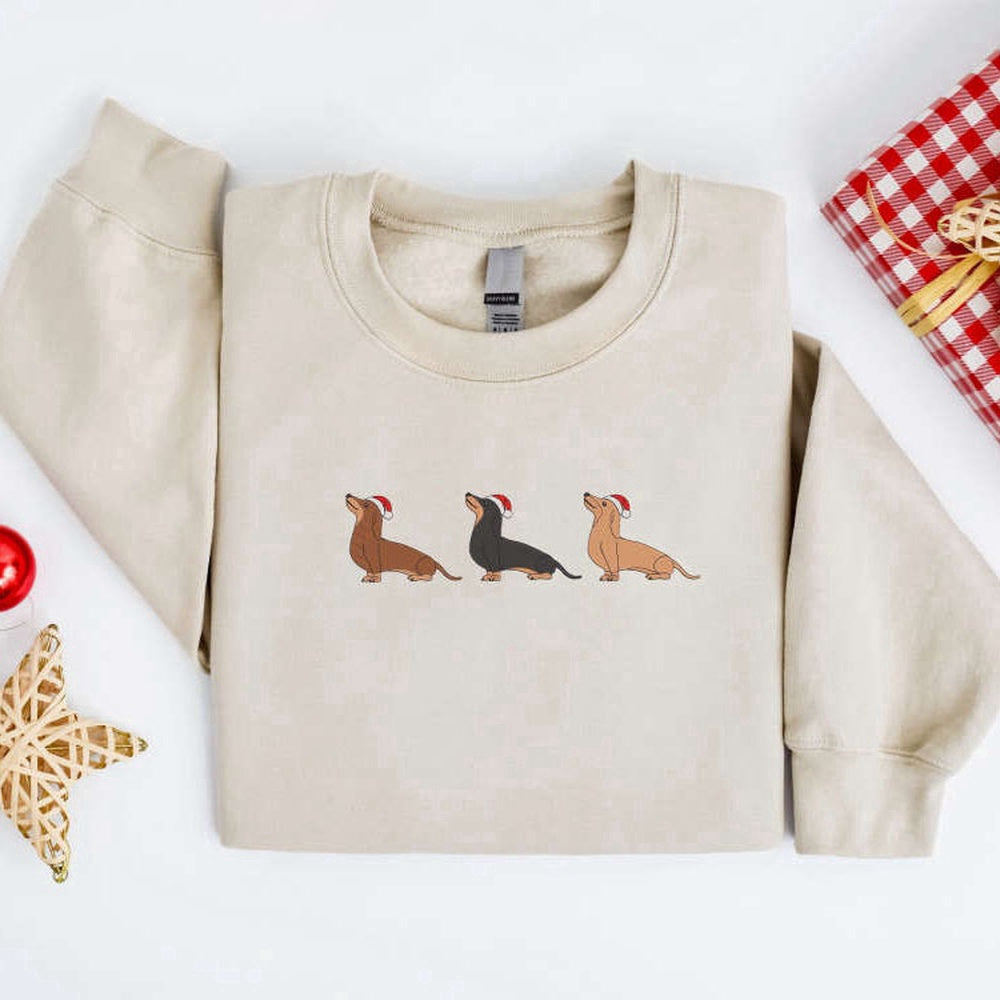 Embroidered Custom Sweatshirts, Embroidered Christmas Dog Sweatshirt, Dachshund Santa Dog Sweatshirt For Family, Christmas Gift