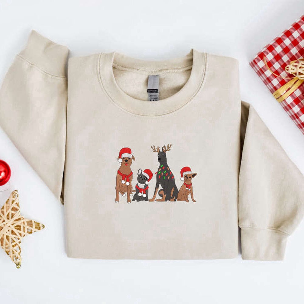 Embroidered Custom Sweatshirts, Embroidered Christmas Dog Sweatshirt, Dog Santa Christmas Sweate For Family, Christmas Gift