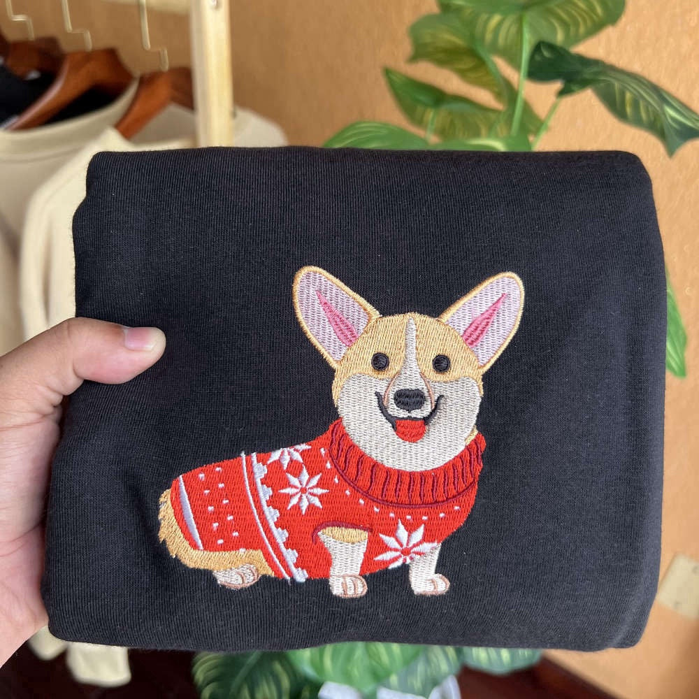 Embroidered Custom Sweatshirts, Embroidered Christmas Dog Sweatshirt Embroidered Corgi Dog Christmas Sweater For Family, Christmas Gift