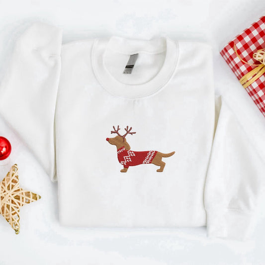 Embroidered Custom Sweatshirts, Embroidered Christmas Dog Sweatshirt Embroidered Dachshund Reindeer Dog Weater For Family, Christmas Gift