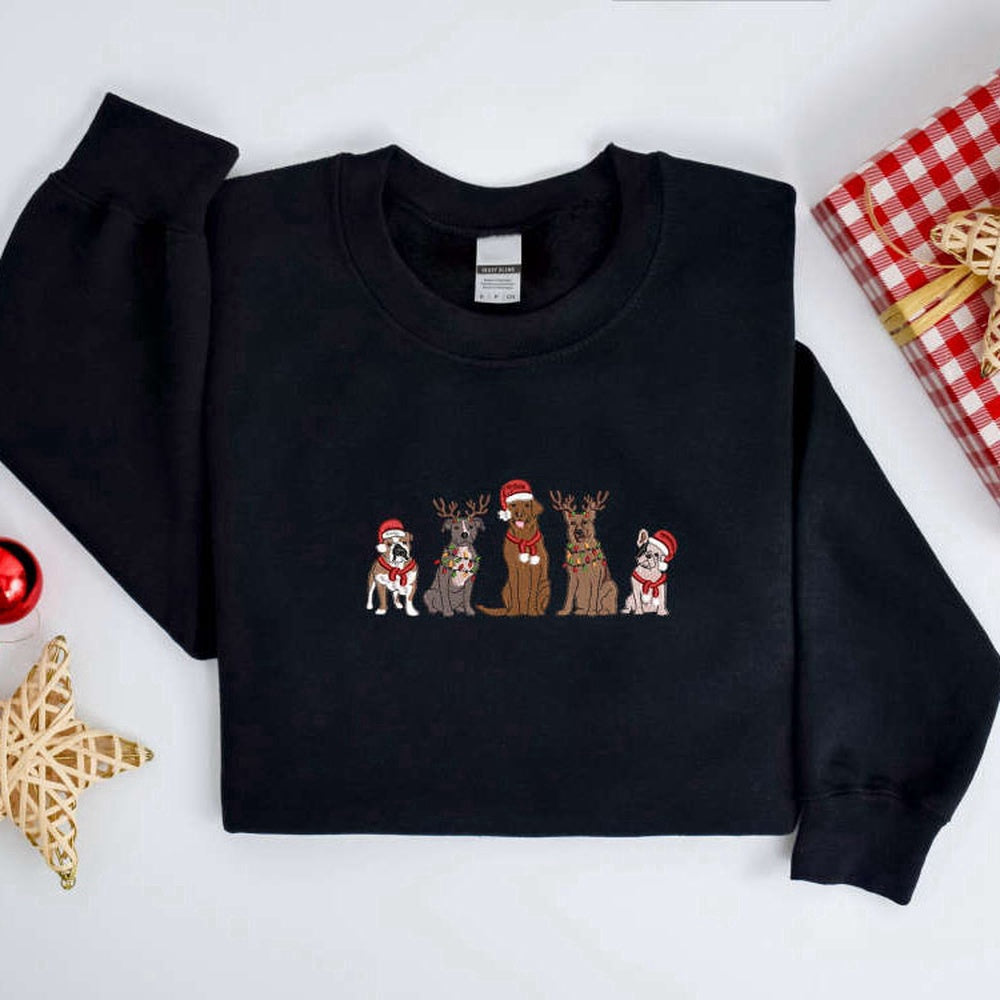 Embroidered Custom Sweatshirts, Embroidered Christmas Dog Sweatshirt, Embroidered Dog Christmas Sweater For Family , Christmas Gift