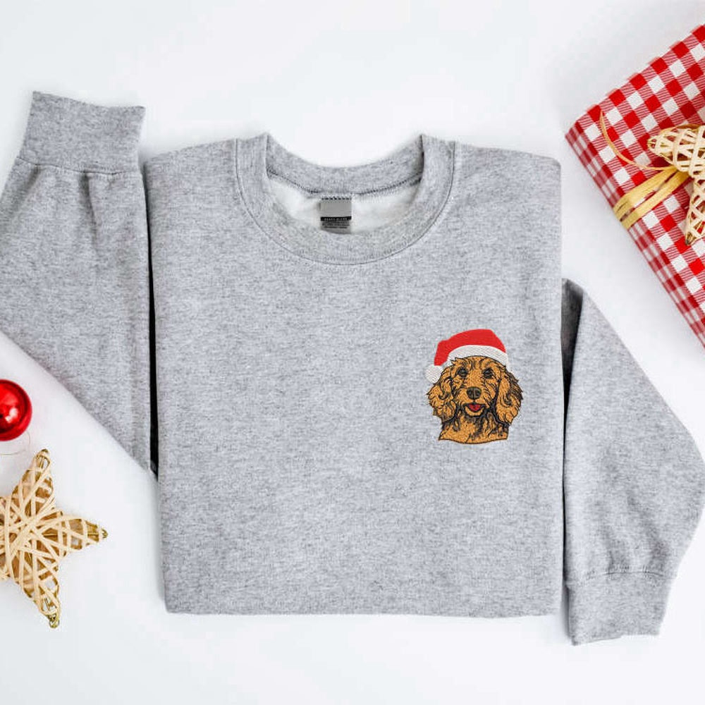 Embroidered Custom Sweatshirts, Embroidered Christmas Dog Sweatshirt Embroidered Goldendoodle Santa Sweater For Christmas, Christmas Gift