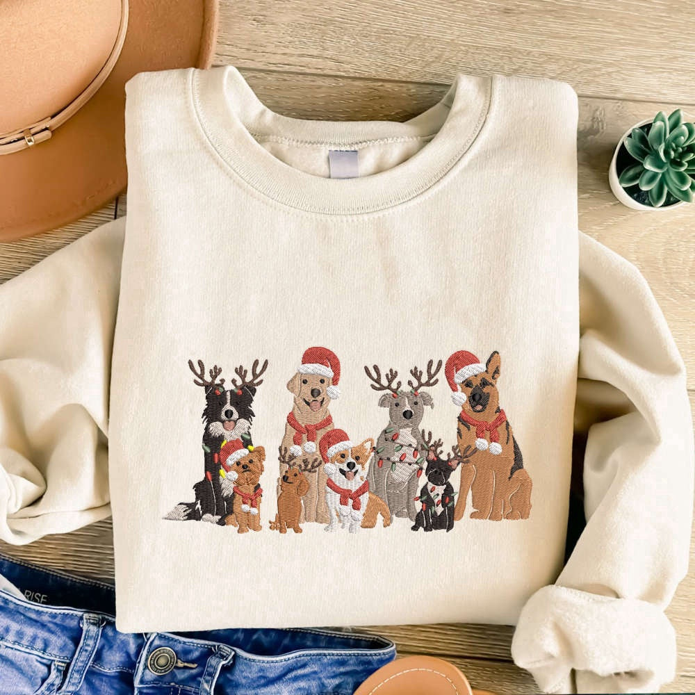 Embroidered Custom Sweatshirts, Embroidered Christmas Dog Sweatshirt, Family Dog Embroidered Sweatshirt For Christmas, Christmas Gift