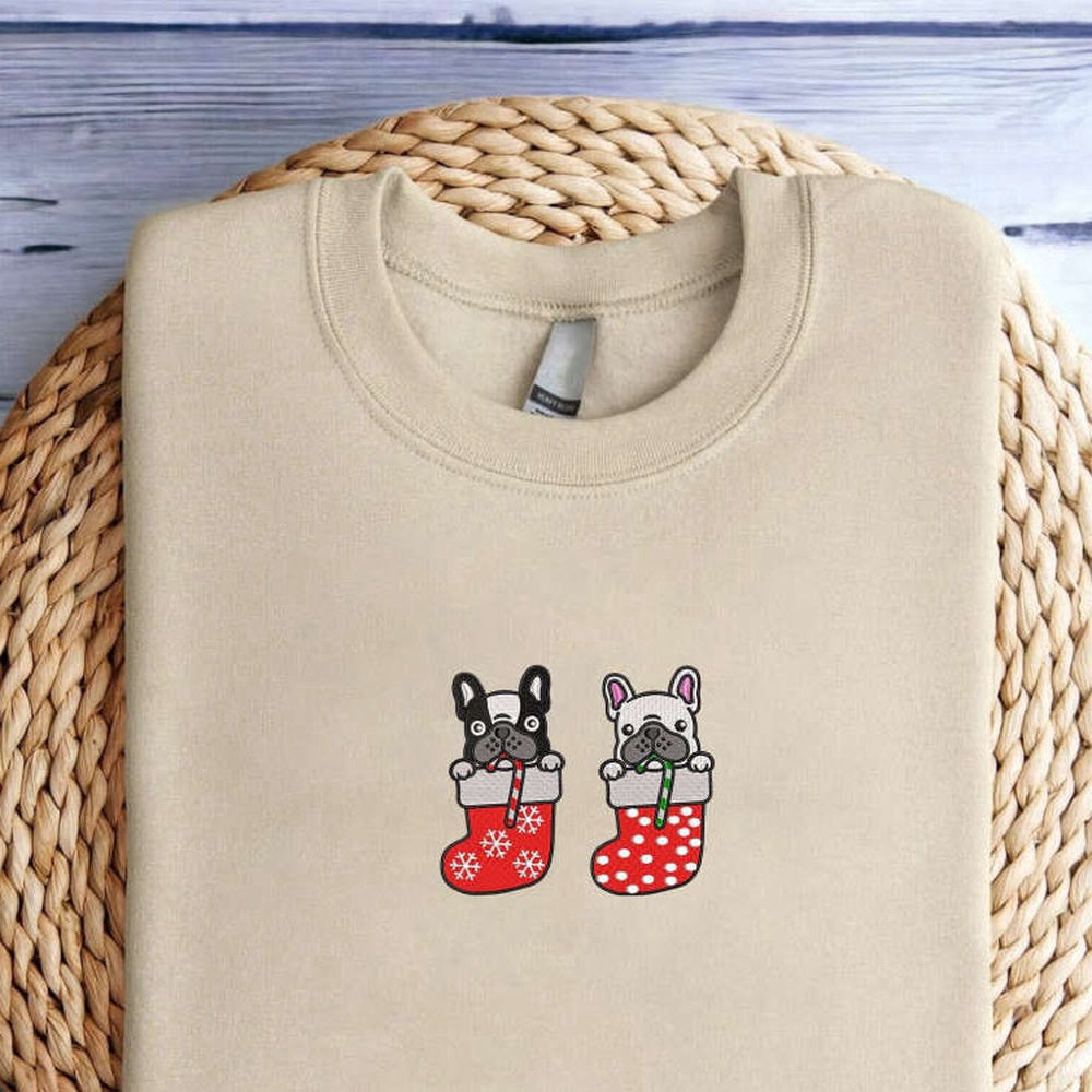 Embroidered Custom Sweatshirts, Embroidered Christmas Dog Sweatshirt, French Bulldog Christmas Sweatshirt For Family, Christmas Gift